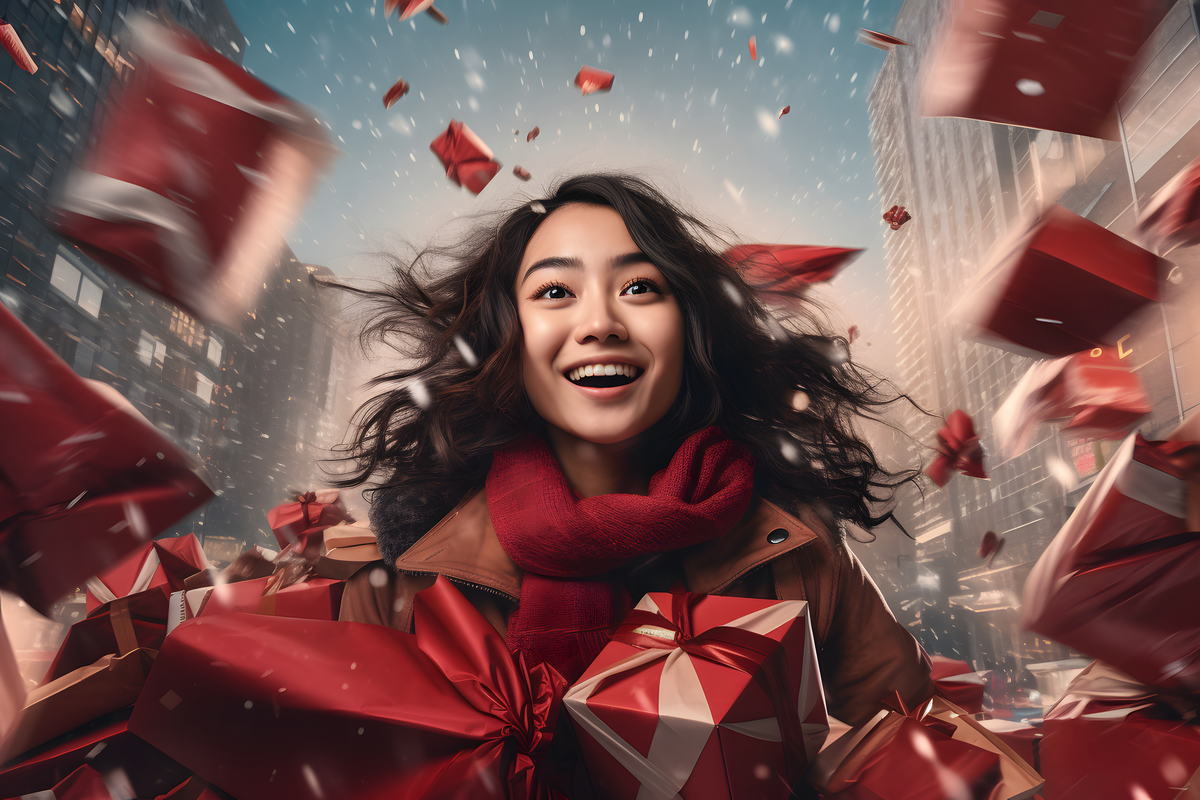 Front View Woman Celebrating With Gifts